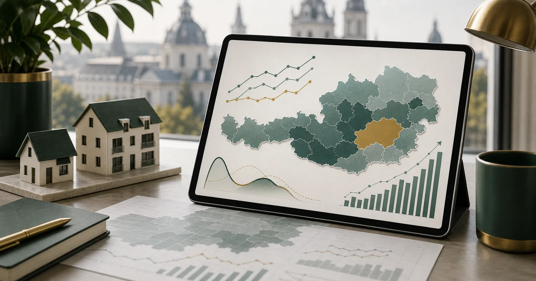 Österreichische Immobilienmarktanalyse mit regionaler Karte, Trendlinien und Hausmodellen