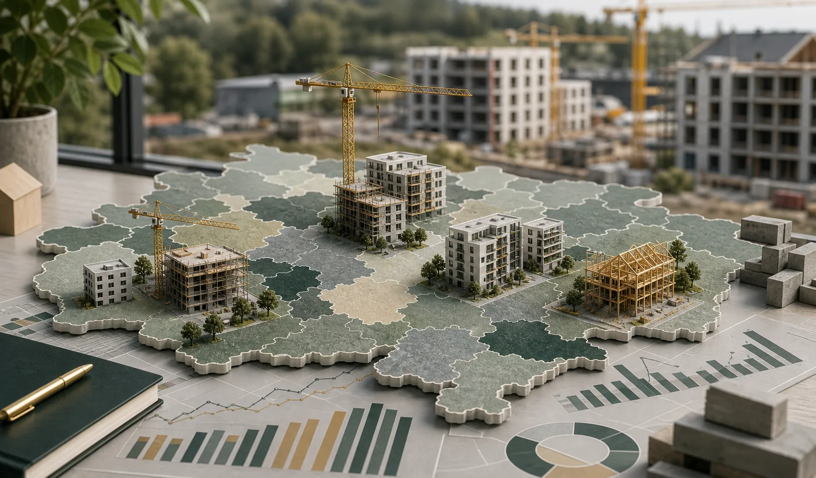 Wohnungsneubau in deutschen Landkreisen mit Baustellenmodellen, Kränen und Aktivitätskarte