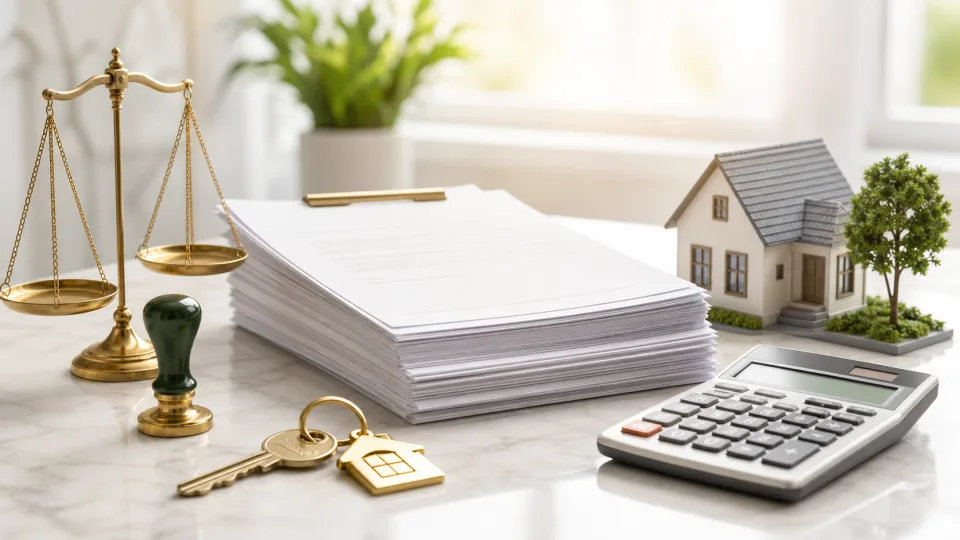 Immobilienunterlagen, Waage und Rechner fuer Kaufnebenkosten